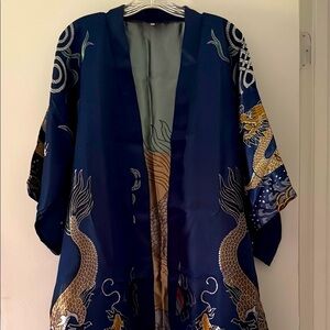 Vintage Royal Blue Kimono Robe with Dragon Print